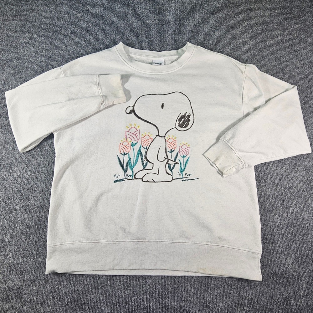 Peanuts Snoopy Embroidered Tulip Flower White Crewneck Sweatshirt Fleece Large L - Picture 2 of 10